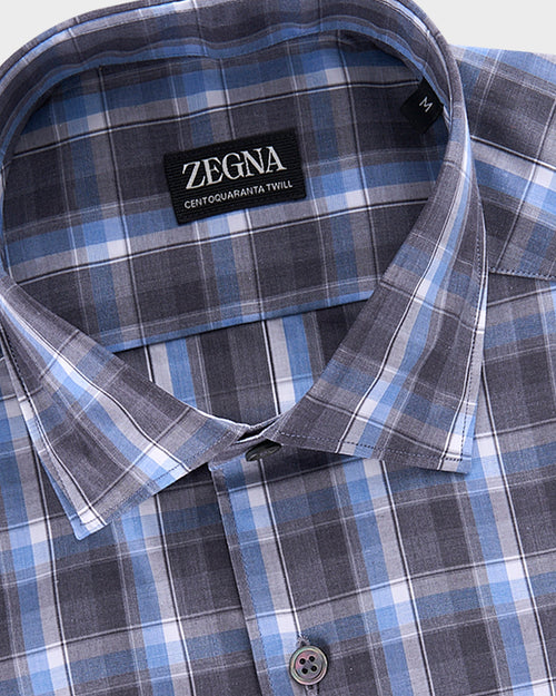 Blue And Grey Check Centoquaranta Twill Cotton Shirt
