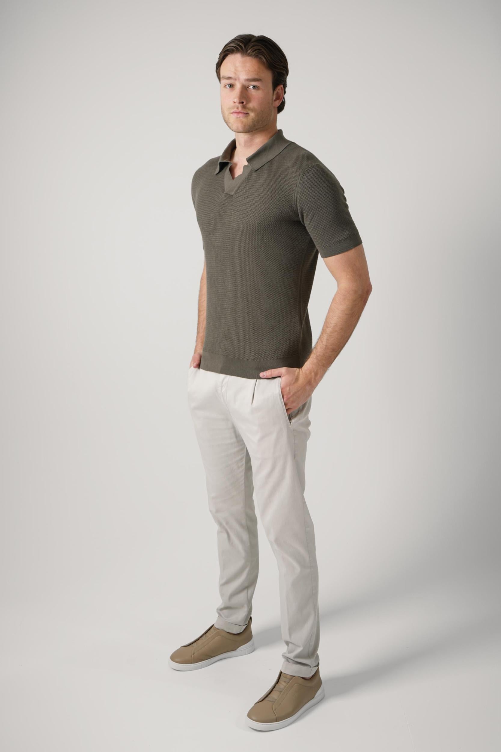 Zegna Knitted V-Neck  Polo Olive Green