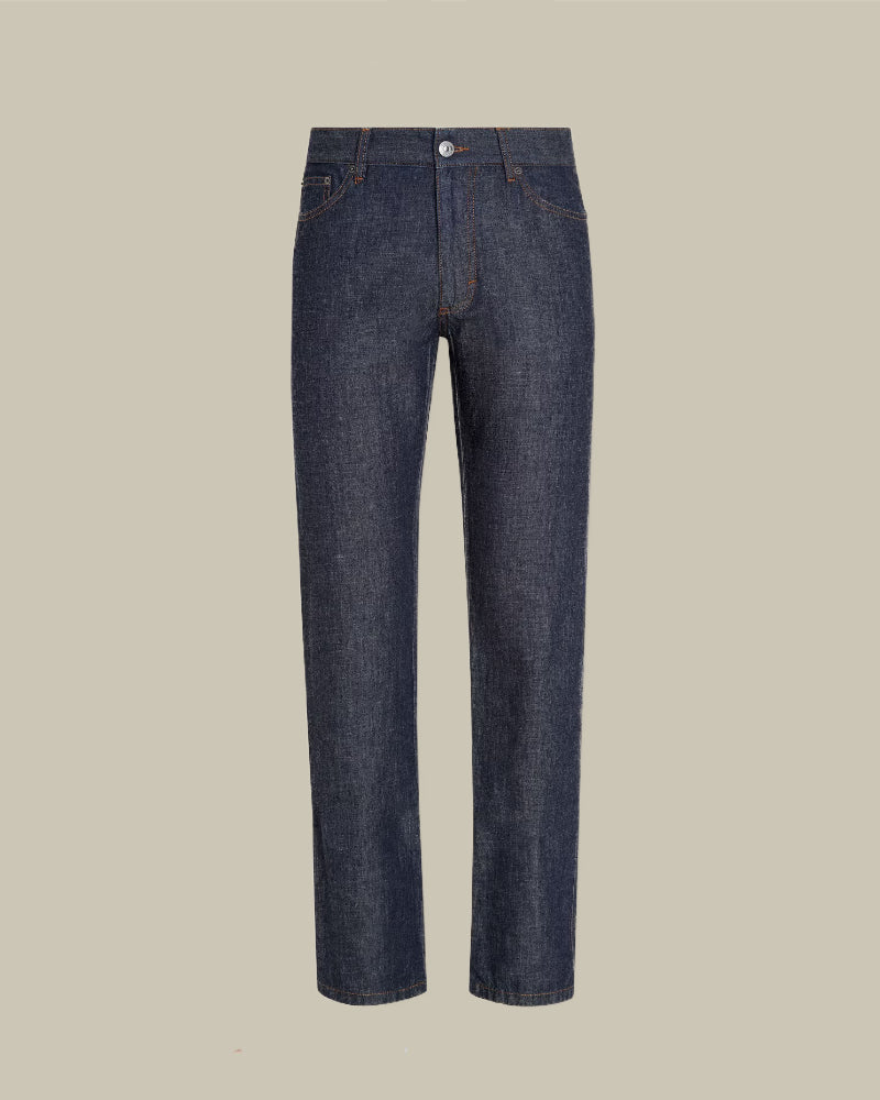 Blue Cotton & Linen Slim Fit Denim Jean